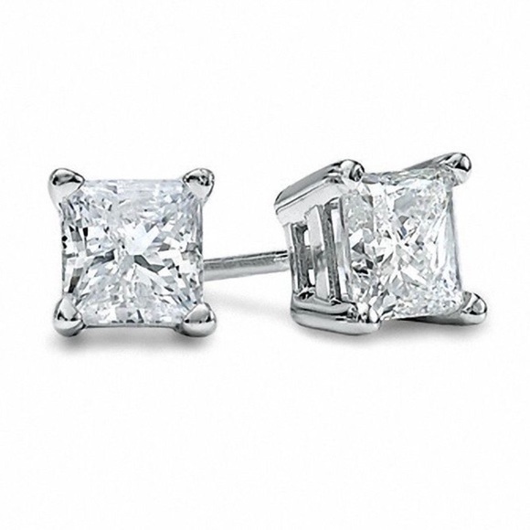 Renaissance Collection 14k White Gold Over 925 Sterling Princess Cut CZ Earrings - Picture 1 of 4